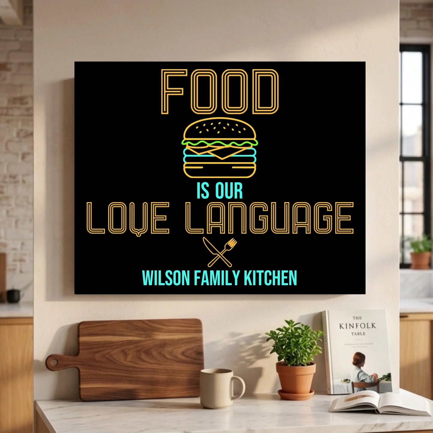 Personalized Neon Kitchen Canvas Wall Art, Foodie Gift, Restaurant Wall Decor